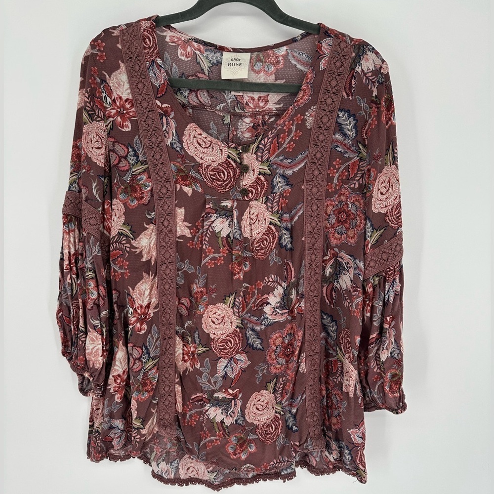Knox Rose Floral Boho Blouse M Long Sleeve Balloon Crochet Trim Rayon